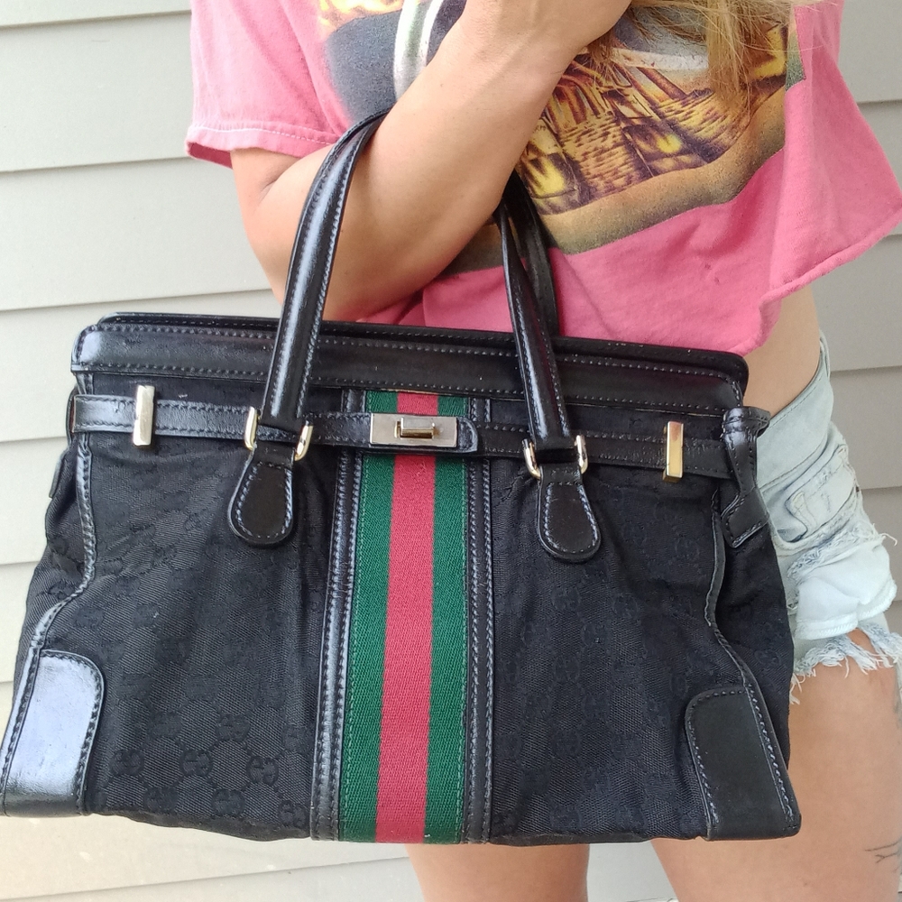 Authentic Vintage Gucci GG Monogram Supreme Sherry Web Ophidia Birkin Style Bag